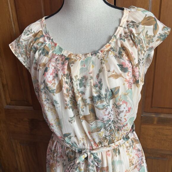 Lauren Conrad Dress Women's Size Medium Peach Floral Gold Cap Sleeve - Picture 2 of 10